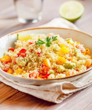 Recipe Couscous salad with red and yellow peppers, avocado and lime Biovia